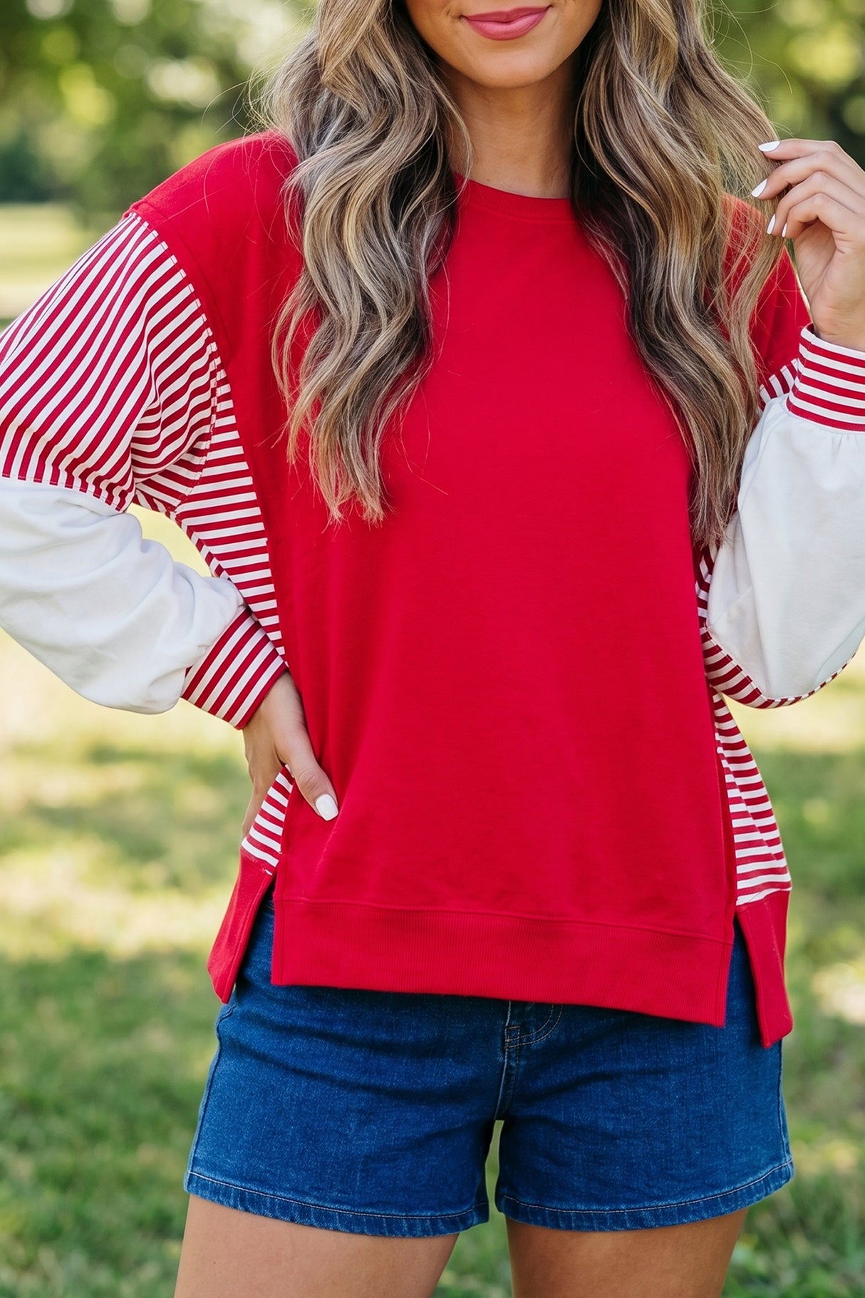 Racing Red Striped Patchwork Sleeve Colorblock Sweatshirt
