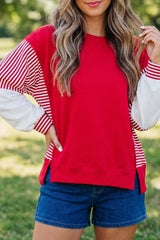 Racing Red Striped Patchwork Sleeve Colorblock Sweatshirt