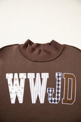 Coffee WWJD Mixed Pattern Embroidered Patch Graphic Mock Neck Sweatshirt