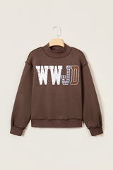 Coffee WWJD Mixed Pattern Embroidered Patch Graphic Mock Neck Sweatshirt