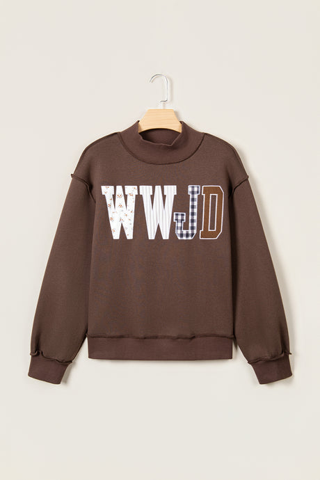 Coffee WWJD Mixed Pattern Embroidered Patch Graphic Mock Neck Sweatshirt