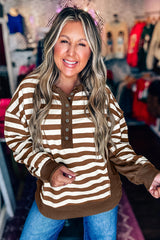 Brown Stripe Exposed Seam Color Block Patchwork Button Placket Sweatshirt