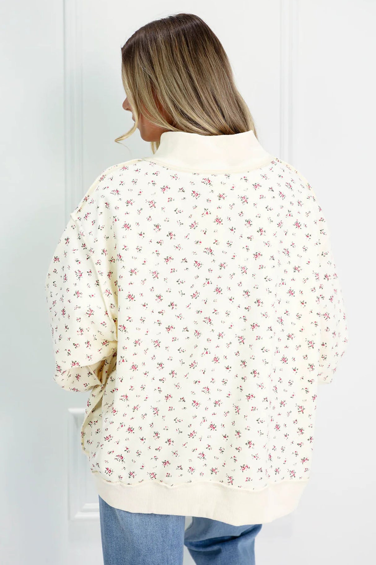 Beige Ribbed High Neck Patchwork Floral Print Baggy Pullover Sweatshirt