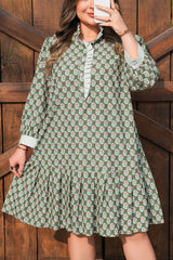 Green Contrast Striped Frilled Collar 3/4 Sleeve Plus Size Floral Dress