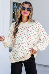 Beige Ribbed High Neck Patchwork Floral Print Baggy Pullover Sweatshirt