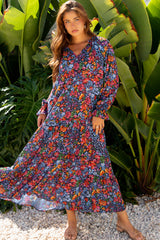 Blue Floral Print Tassel Tie V Neck Long Sleeve Flowy Long Dress