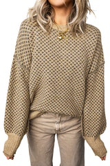 Khaki Geometric Print Drop Shoulder Round Neck Long Sleeve Sweater