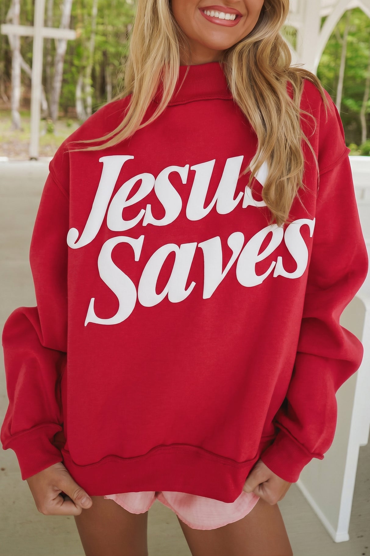 Mist Blue Jesus Saves Slogan Print Stand Neck Baggy Sweatshirt