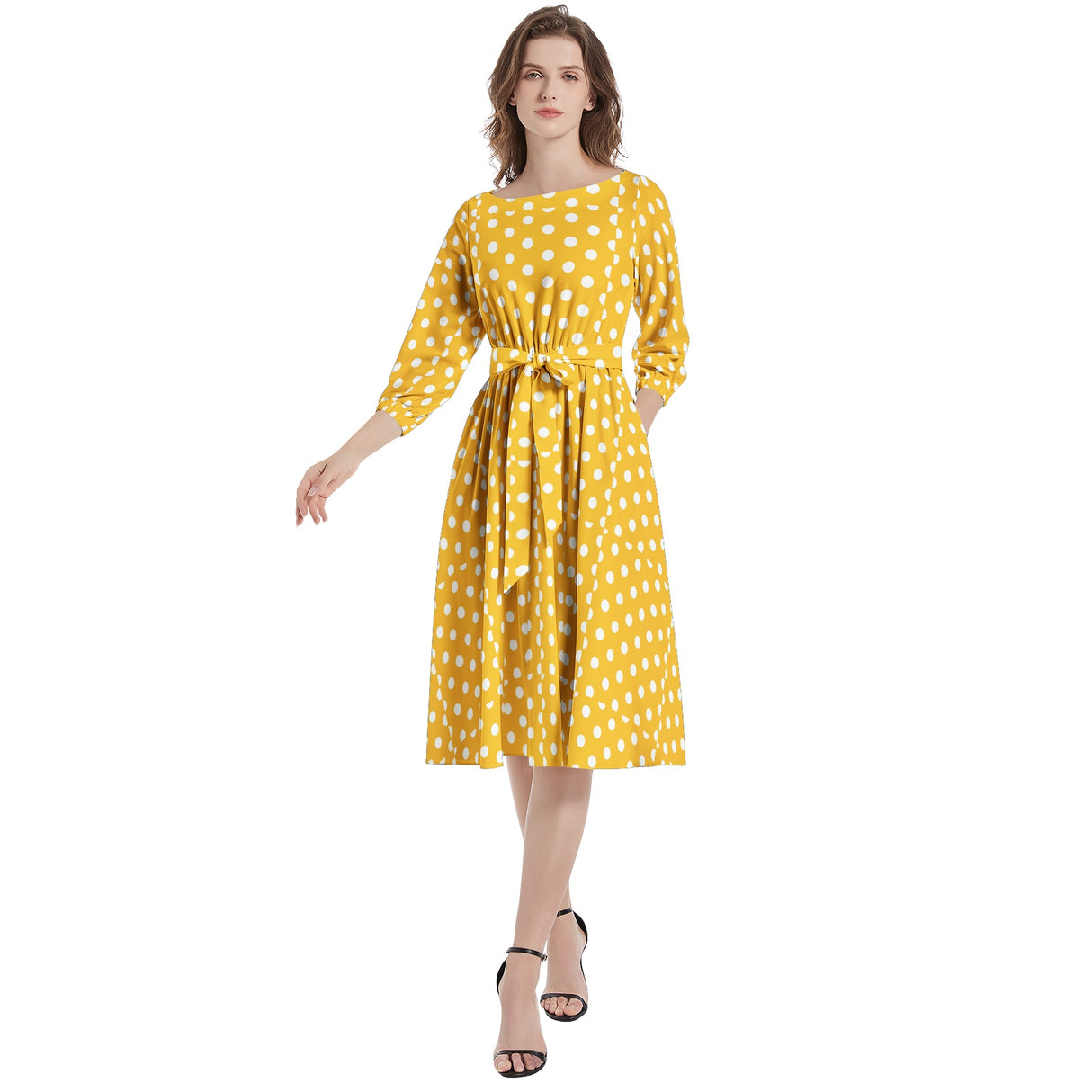 Sunshine Polky Boat Neck Belted Flared Dress