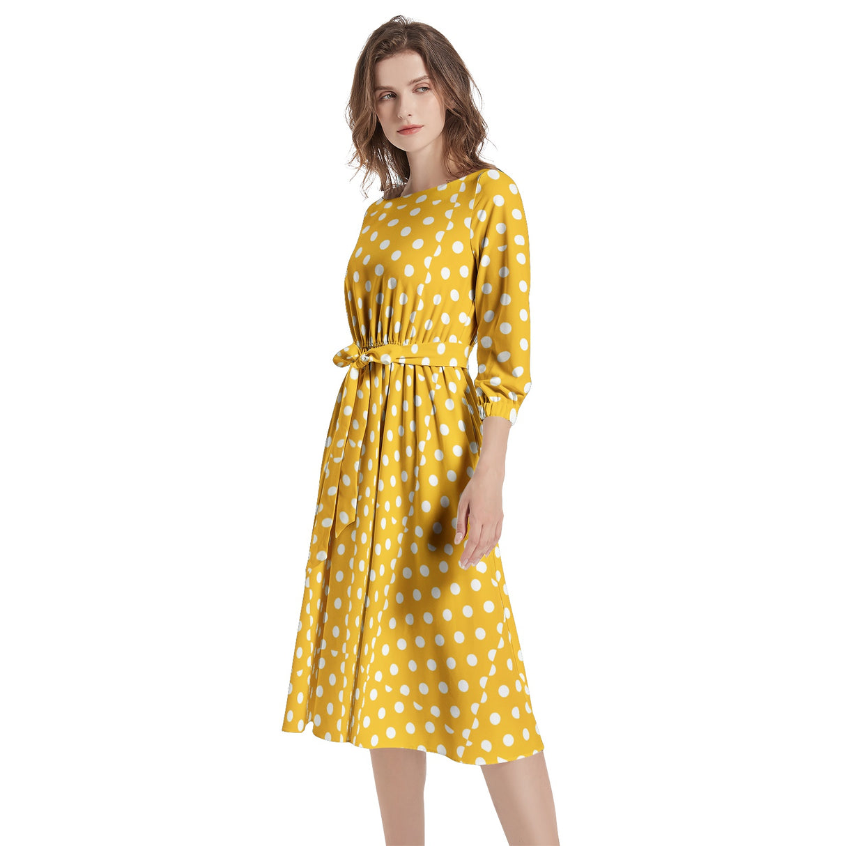 Sunshine Polky Boat Neck Belted Flared Dress