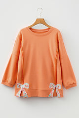Pink Floral Bow Patched Exposed Seam Patchwork Slit Baggy Sweatshirt