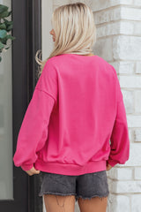 Rose Red Lucky Clover Embroidered Loose Pullover Sweatshirt