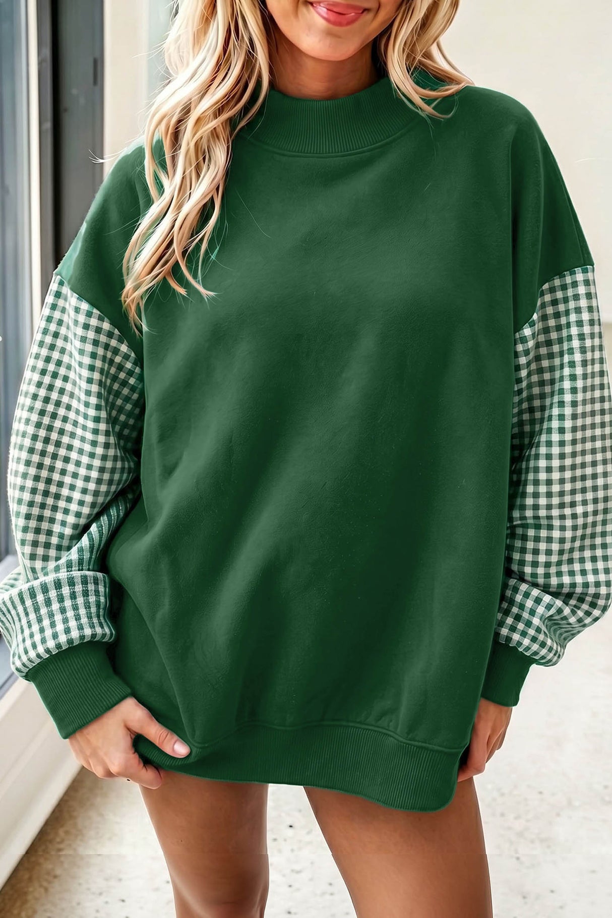Dirty blue Plaid Sleeve Colorblock Loose Tunic Sweatshirt