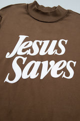 Mist Blue Jesus Saves Slogan Print Stand Neck Baggy Sweatshirt