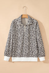Brown Leopard Print Quarter Zip Corduroy Sweatshirt