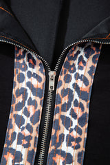Black Plus Size Leopard Patchwork Half Zip Short Sleeve Top