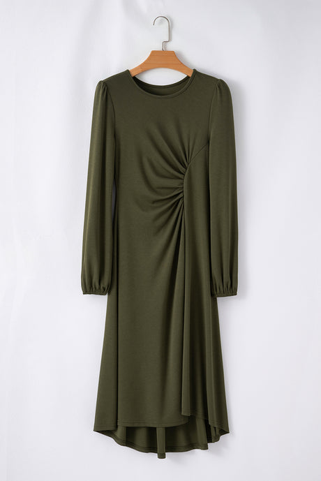 Jungle Green Solid Color Ruched Detail Long Sleeve Midi Dress