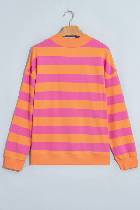 Brown Stripe Colorblock Mock Neck Relaxed Sweatshirt