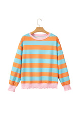 Orange Stripe Ribbed Color Block Trim Round Neck Long Sleeve Shift Top
