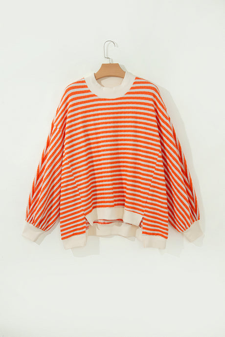 Orange Stripe Striped Textured Stand Neck Oversized Long Sleeve Top