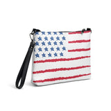 Blue Chico Retail mini leather crossbody purse with American flag design and black wrist strap