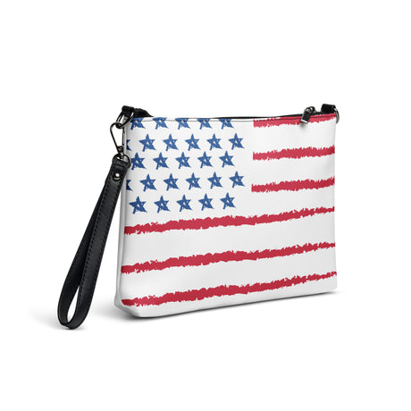Blue Chico Retail mini leather crossbody purse with American flag design and black wrist strap