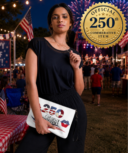 Woman holding a mini leather crossbody purse with 250 years commemorative design at an outdoor event