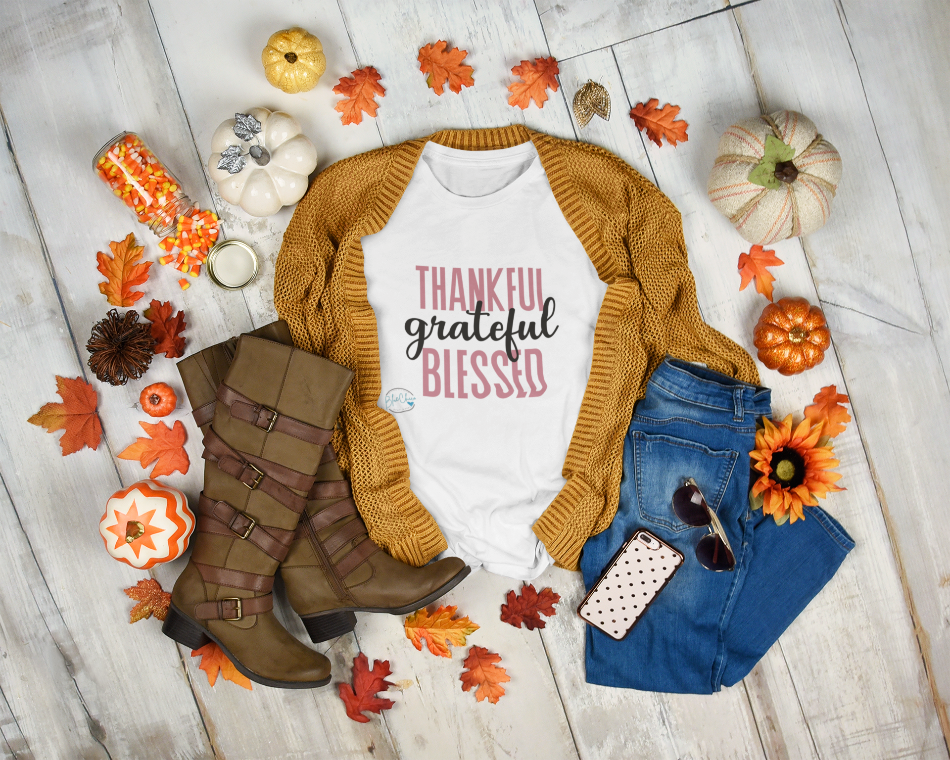 Thankful, Grateful, Blessed Christian Tee 