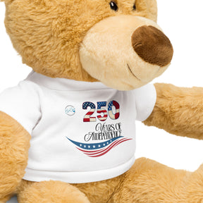 Close-up of blue Chico retail teddy bear and wearing 250 years of independence patriotic white t-shirt