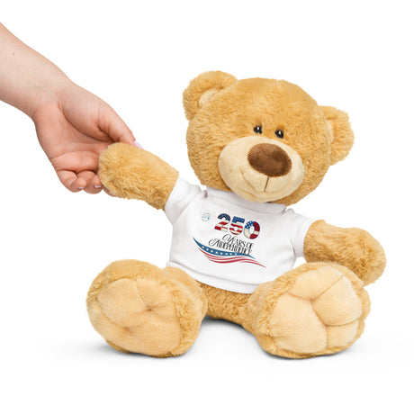 Teddy bear and hand holding its paw with 250 years celebration white shirt